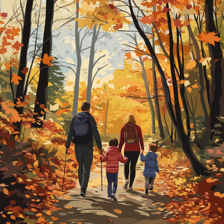 Family walking in autumn forest. Mother, father and children hiking in nature.のイラスト素材