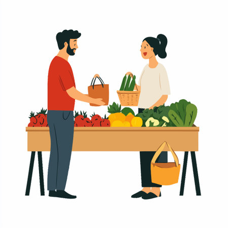 Man and woman buying vegetables at the market. Flat vector illustration.のイラスト素材