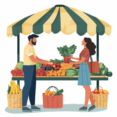 Man and woman buying fruits and vegetables at farmers market. Vector illustrationのイラスト素材