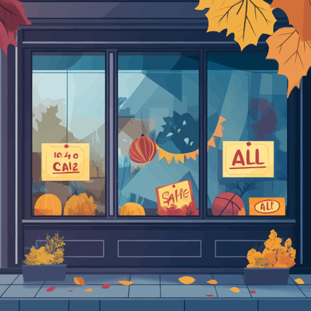 Halloween sale. Shop window with autumn leaves. Vector illustration.のイラスト素材