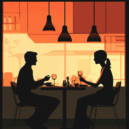 Couple in restaurant, man and woman sitting at table, vector illustrationのイラスト素材