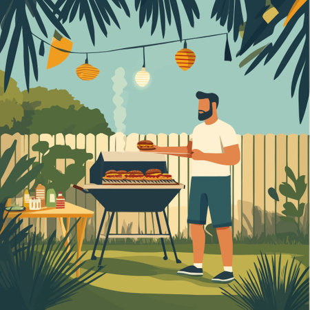 Barbeque grill party in the garden. Vector illustration in flat styleのイラスト素材