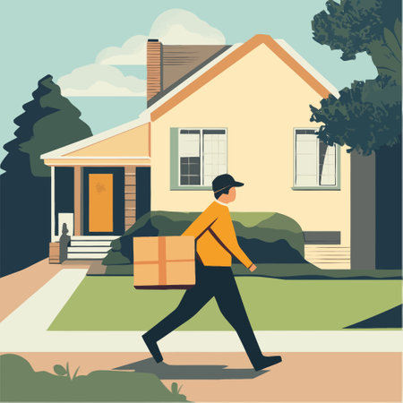 delivery man carrying box in front of house. vector illustration in flat styleのイラスト素材