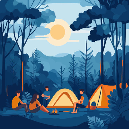 Camping in the forest flat vector illustration. Tourists sitting near bonfire and camping tent. Camping, hiking, tourism conceptのイラスト素材