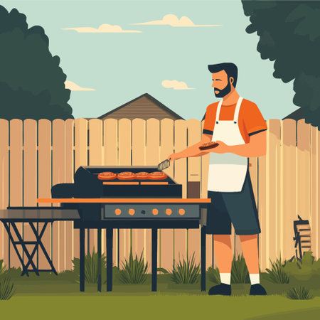 Barbeque grill in the backyard. Vector illustration in flat styleのイラスト素材