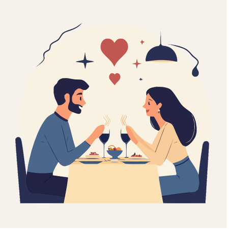 Couple in love sitting at table and drinking wine. Flat vector illustration.のイラスト素材