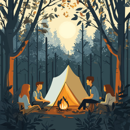 Camping in the forest. Vector illustration in cartoon style. Flat design.のイラスト素材