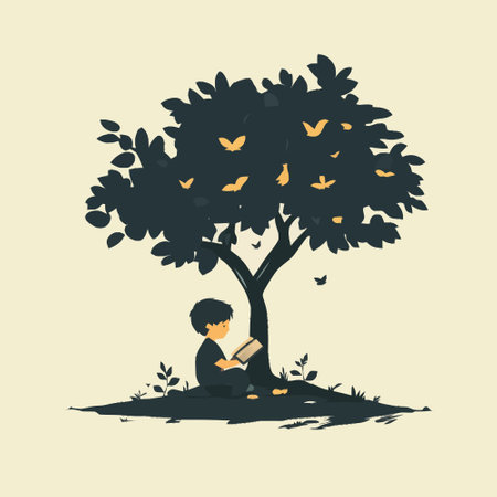 Boy reading a book under the tree. Vector illustration. Flat style.のイラスト素材