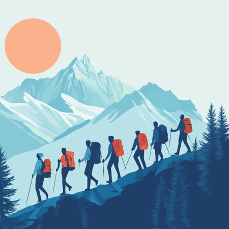 Hiking in the mountains. Hiking in the mountains. Vector illustrationのイラスト素材
