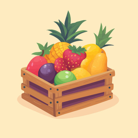 Wooden box full of fresh fruits and vegetables. Vector illustration.のイラスト素材