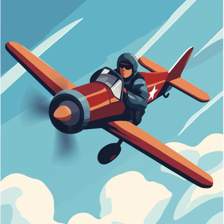 Vector illustration of a pilot flying an airplane on a background of cloudsのイラスト素材