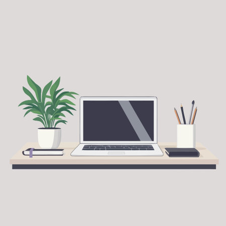 Workplace with laptop, coffee cup and plant. Flat design vector illustration.のイラスト素材