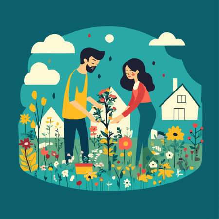Gardening vector illustration. Flat style design. Man and woman planting flowers in the garden.のイラスト素材