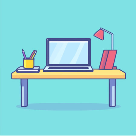 Working place with laptop and stationery. Flat design vector illustration.のイラスト素材
