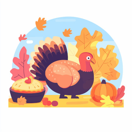 Thanksgiving day vector illustration. Cartoon turkey with pumpkin, pie, fall leaves and cupcake.のイラスト素材