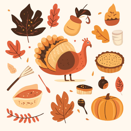 Thanksgiving day vector illustration. Cartoon turkey, pumpkin, pie, cupcake, pumpkin and autumn leaves.のイラスト素材