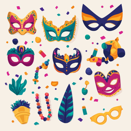 Mardi gras party mask vector illustration. Set of carnival masks, confetti and beads.のイラスト素材