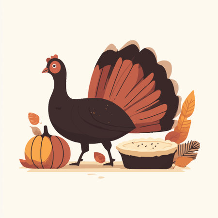 Thanksgiving day greeting card with turkey and pumpkin. Vector illustration.のイラスト素材