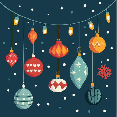 Christmas and New Year greeting card with hanging baubles. Vector illustration.のイラスト素材