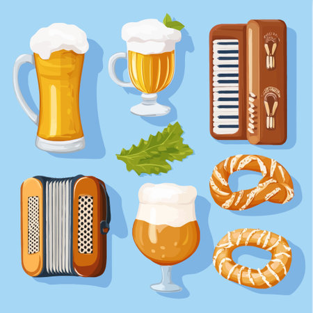 Oktoberfest set with beer, pretzel and accordion. Vector illustrationのイラスト素材