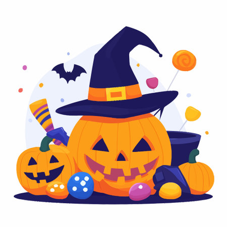 Halloween pumpkins, candies and witch hat flat vector illustration.のイラスト素材