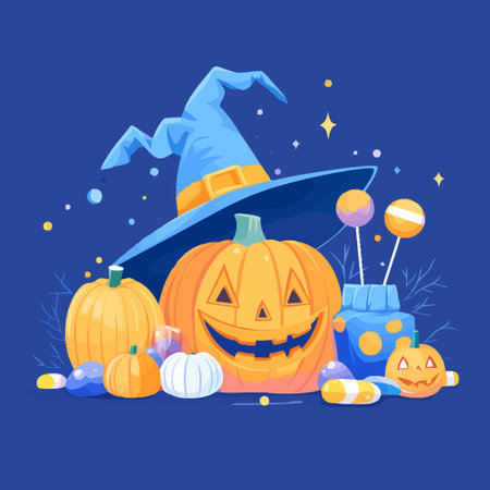 Halloween vector illustration. Jack-o-lantern, pumpkin, candies, witch hat.のイラスト素材