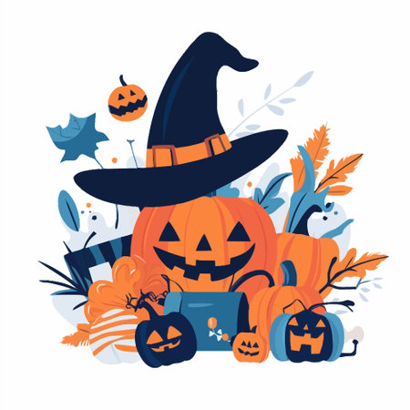 Halloween pumpkins with witch hat. Vector illustration in flat styleのイラスト素材