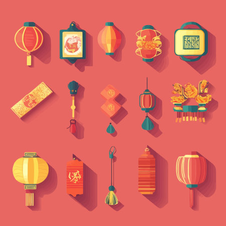 Chinese New Year flat icons set with lanterns and lanterns isolated vector illustrationのイラスト素材