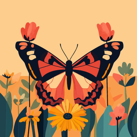 Butterfly with flowers in the garden. Vector illustration in flat styleのイラスト素材