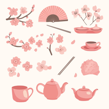 Cherry blossoms, teapot, cups and chopsticks. Set of vector illustrations.のイラスト素材