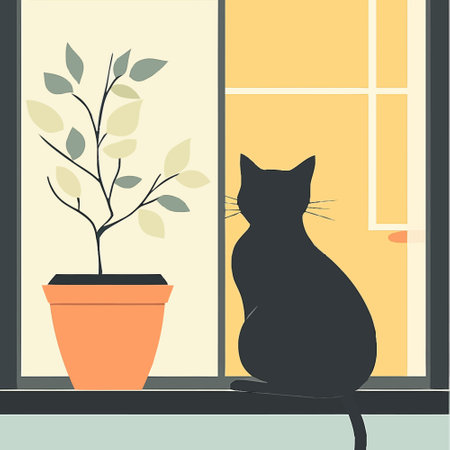 A black cat sits on a window sill and looks out the window.のイラスト素材