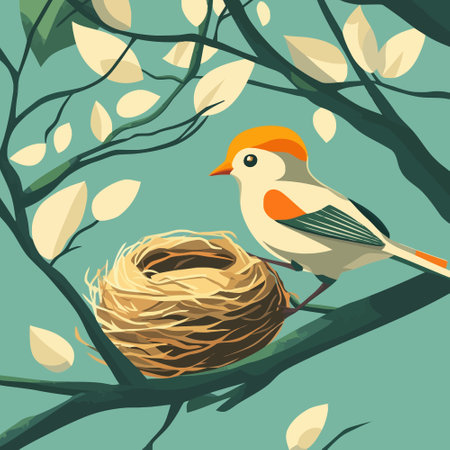 Vector illustration of a bird in a nest with a chick on a tree branchのイラスト素材