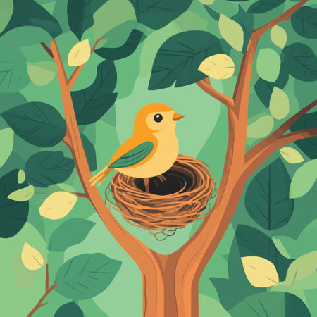 Bird in the nest on the tree. Vector illustration, flat style.のイラスト素材