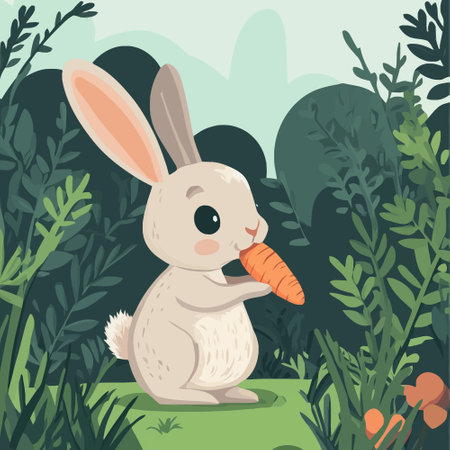 Cute cartoon rabbit eating carrot in the garden. Vector illustration.のイラスト素材