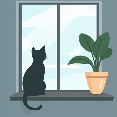 Cat sitting on the window sill. Vector illustration in flat style.のイラスト素材