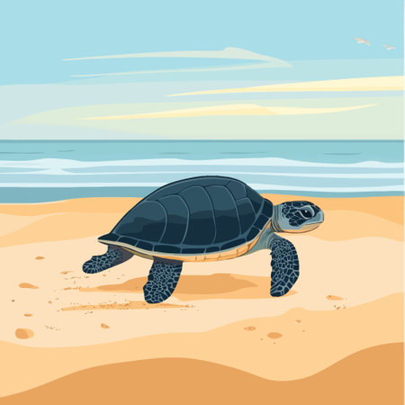 Sea turtle on the beach. Vector illustration in flat cartoon style.のイラスト素材