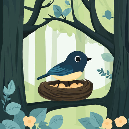 Vector illustration of a bird in a bird's nest in the forestのイラスト素材