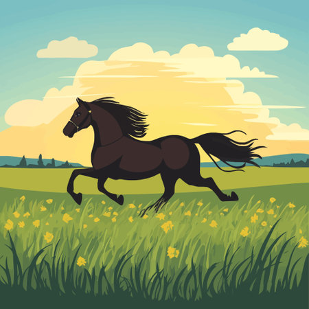 Horse running on the meadow. Vector illustration in flat styleのイラスト素材