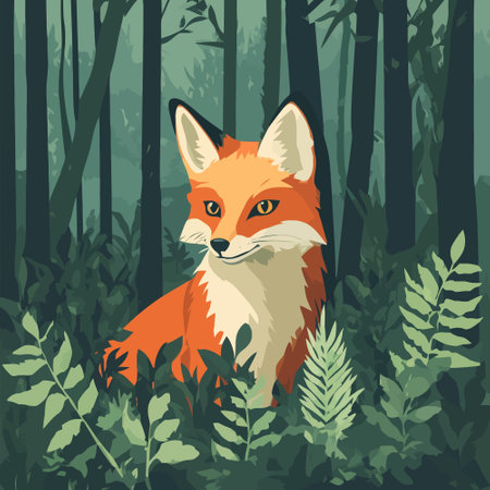 Red fox in the forest. Vector illustration in a flat style.のイラスト素材