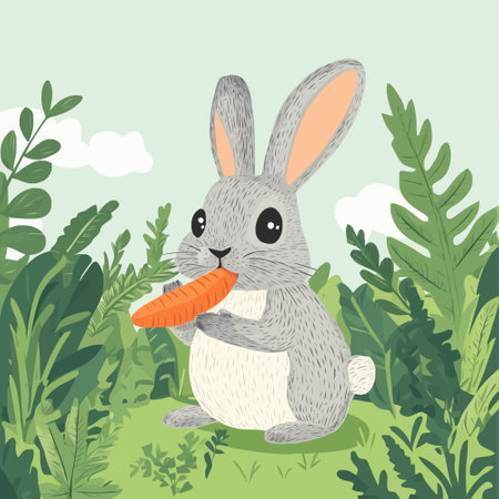 Rabbit with carrot in the garden. Cute cartoon vector illustration.のイラスト素材