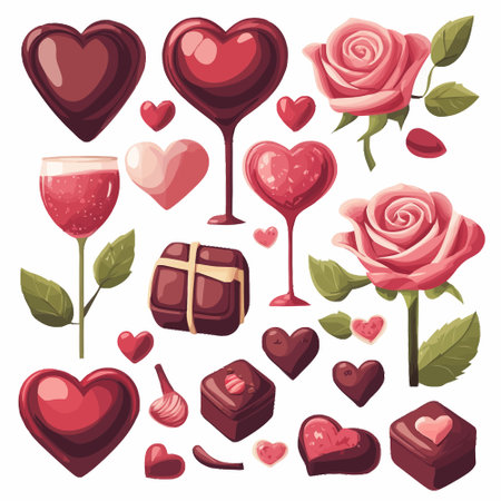 Valentine's day vector icons set. Red rose, chocolate, hearts, sweets, candies.のイラスト素材