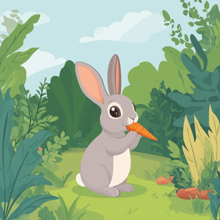 Rabbit with carrot in the garden. Vector illustration in cartoon style.のイラスト素材