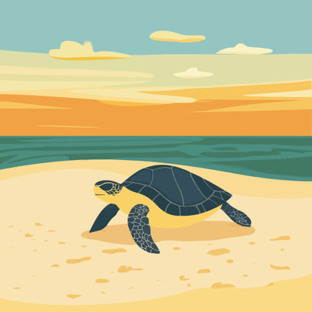 Sea turtle on the beach. Vector illustration in flat cartoon style.