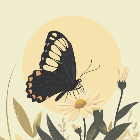 Butterfly and daisies. Hand drawn vector illustration.のイラスト素材