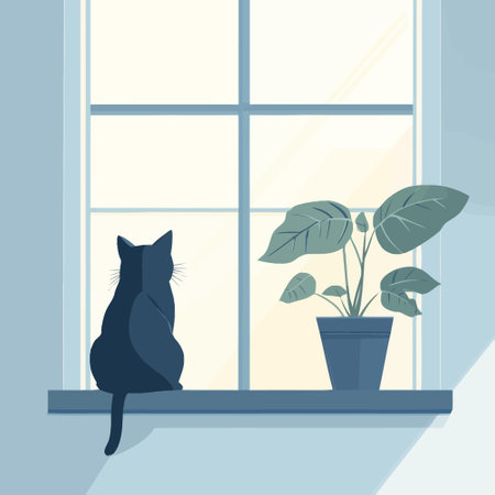 Cat sitting on the window sill with houseplant. Vector illustration.のイラスト素材