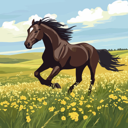 Black horse running on the meadow with yellow flowers. Vector illustrationのイラスト素材