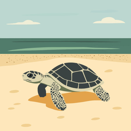 Sea turtle on the sandy beach. Vector illustration in flat style.