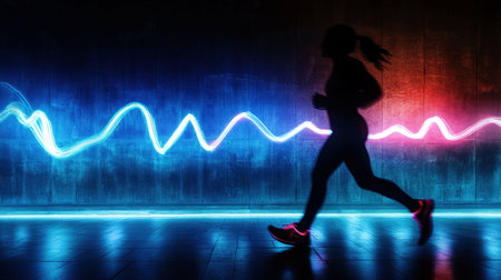 A person jogging, leaving behind a glowing energy trail that forms a heartbeat line. --ar 16:9 --v 6.1 Job ID: 9a762242-db48-4007-bf4f-7842eacc40d3の素材