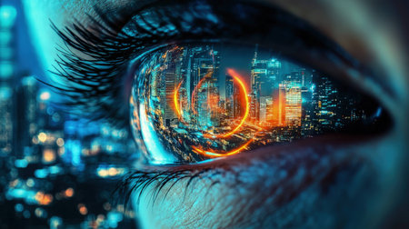 A futuristic city skyline reflected in a human eye with neon glows. --ar 16:9 --v 6.1 Job ID: d5bede5d-419e-4782-81d5-d366383a3d99の素材