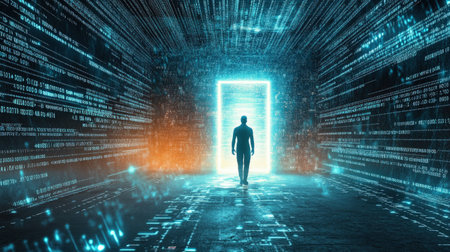 A person standing in front of a glowing digital doorway leading into a cyber world, with binary code flowing around them. --ar 16:9 --v 6.1 Job ID: af22d785-872c-47b0-9bf9-2c0baace213eの素材